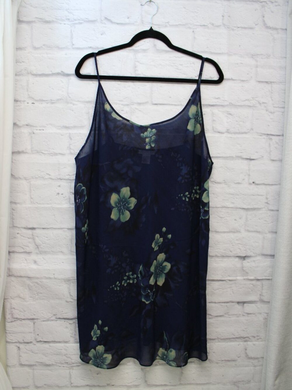 Vintage Slip Nightgown Chemise Style Plus 22-24W Semi Sheer Navy Blue Floral
